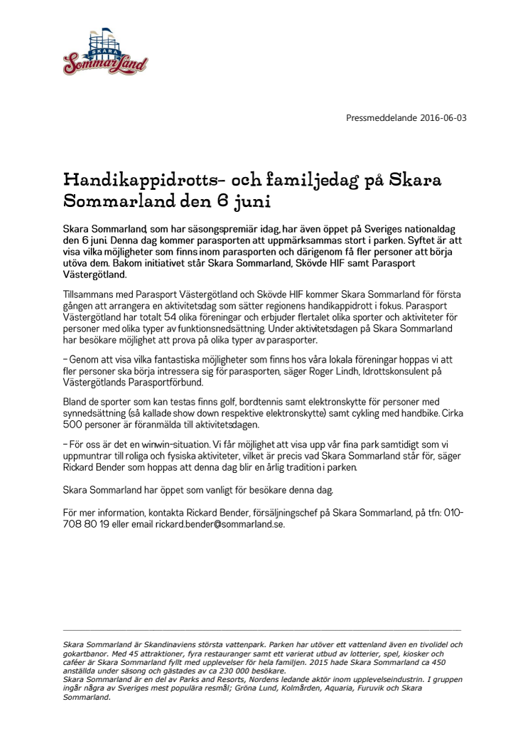 Handikappidrotts- och familjedag på Skara Sommarland den 6 juni