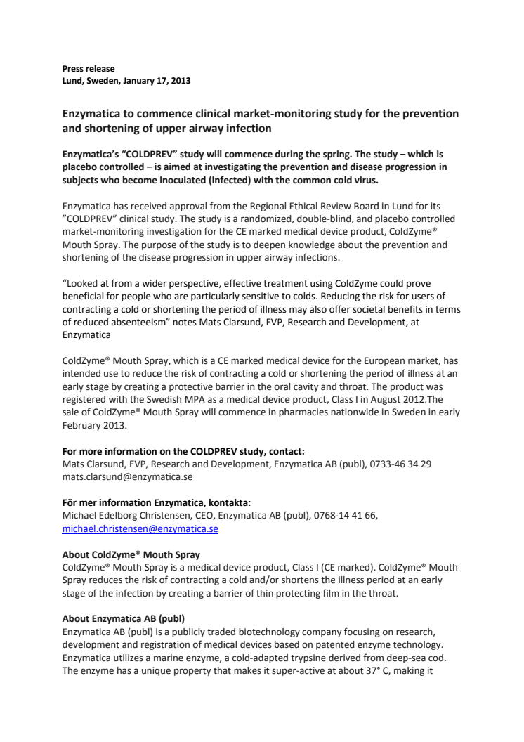 Enzymatica to commence clinical market-monitoring study for the prevention and shortening of upper airway infection  