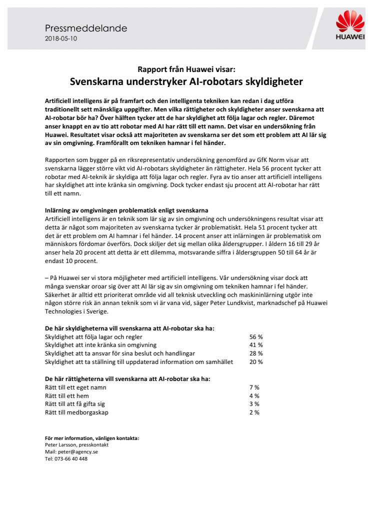 Rapport från Huawei visar: Svenskarna understryker AI-robotars skyldigheter 