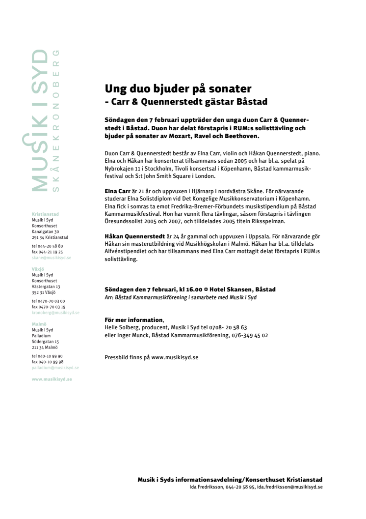 Ung duo bjuder på sonater  - Carr & Quennerstedt gästar Båstad 