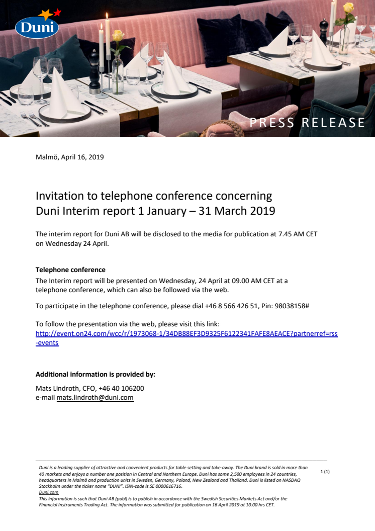 Invitation to telephone conference concerning  Duni Interim report 1 January – 31 March 2019