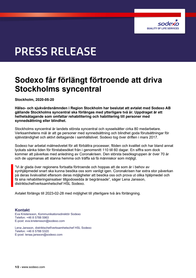 Sodexo får förlängt förtroende att driva Stockholms syncentral