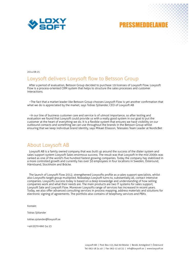 Loxysoft delivers Loxysoft flow to Betsson Group