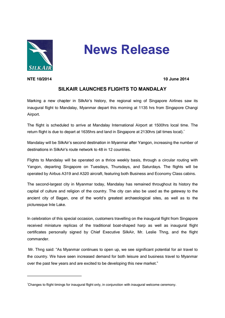 SilkAir Launches Flights to Mandalay