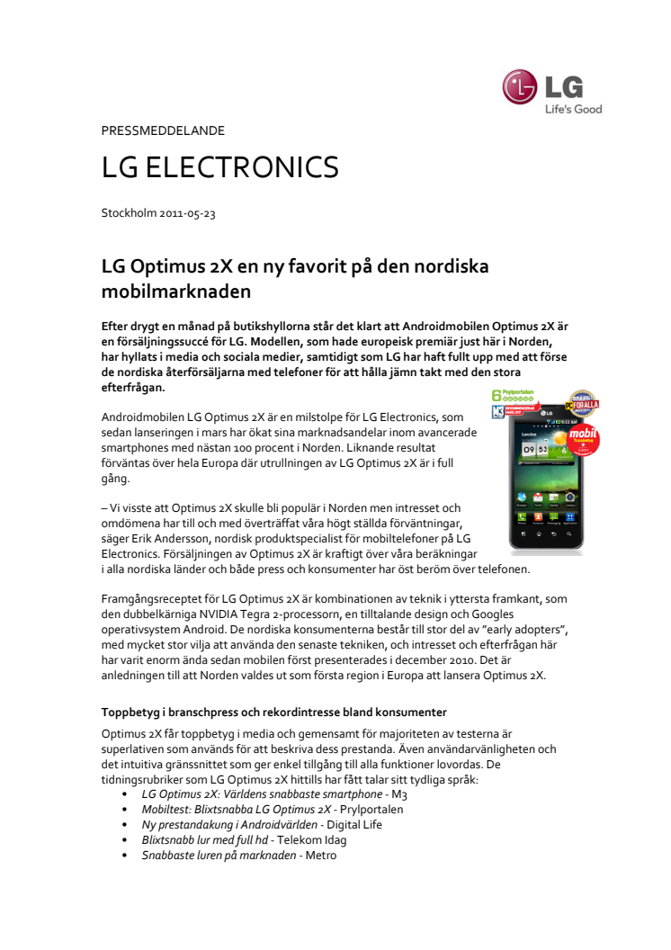 LG Optimus 2X en ny favorit på den nordiska mobilmarknaden