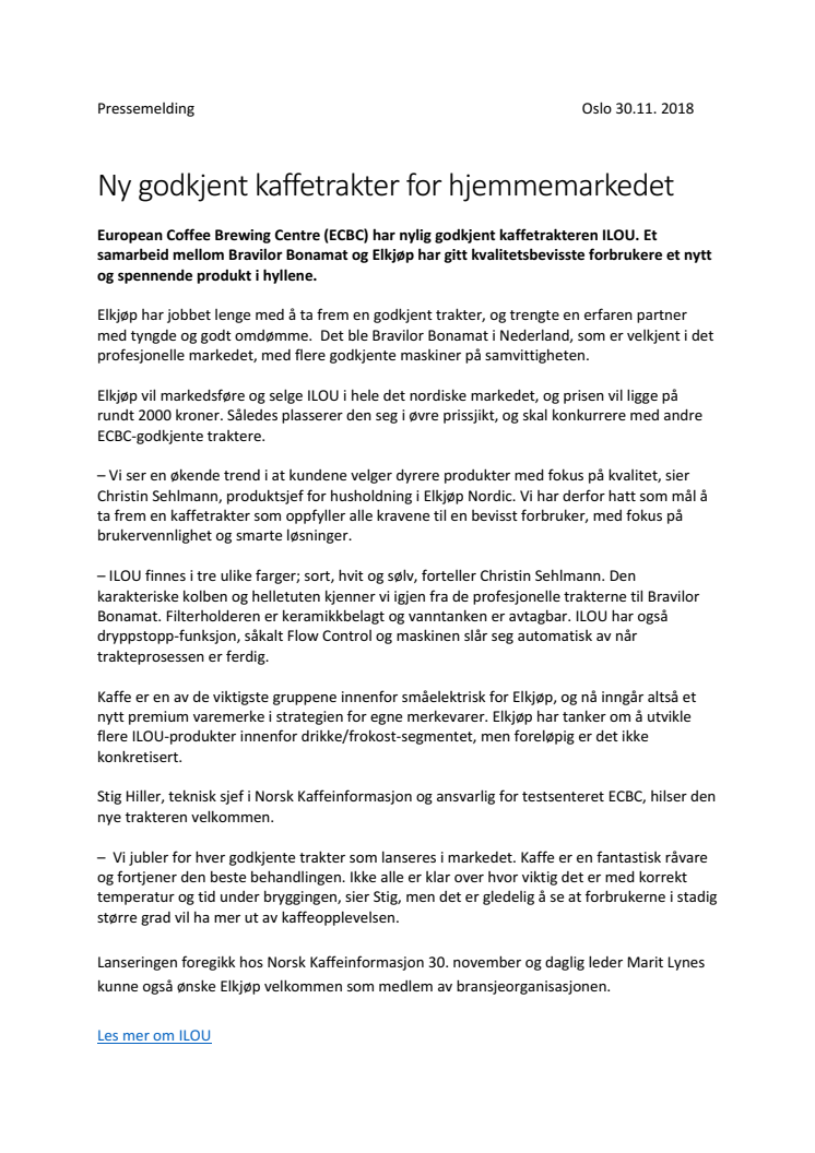 Ny godkjent kaffetrakter for hjemmemarkedet