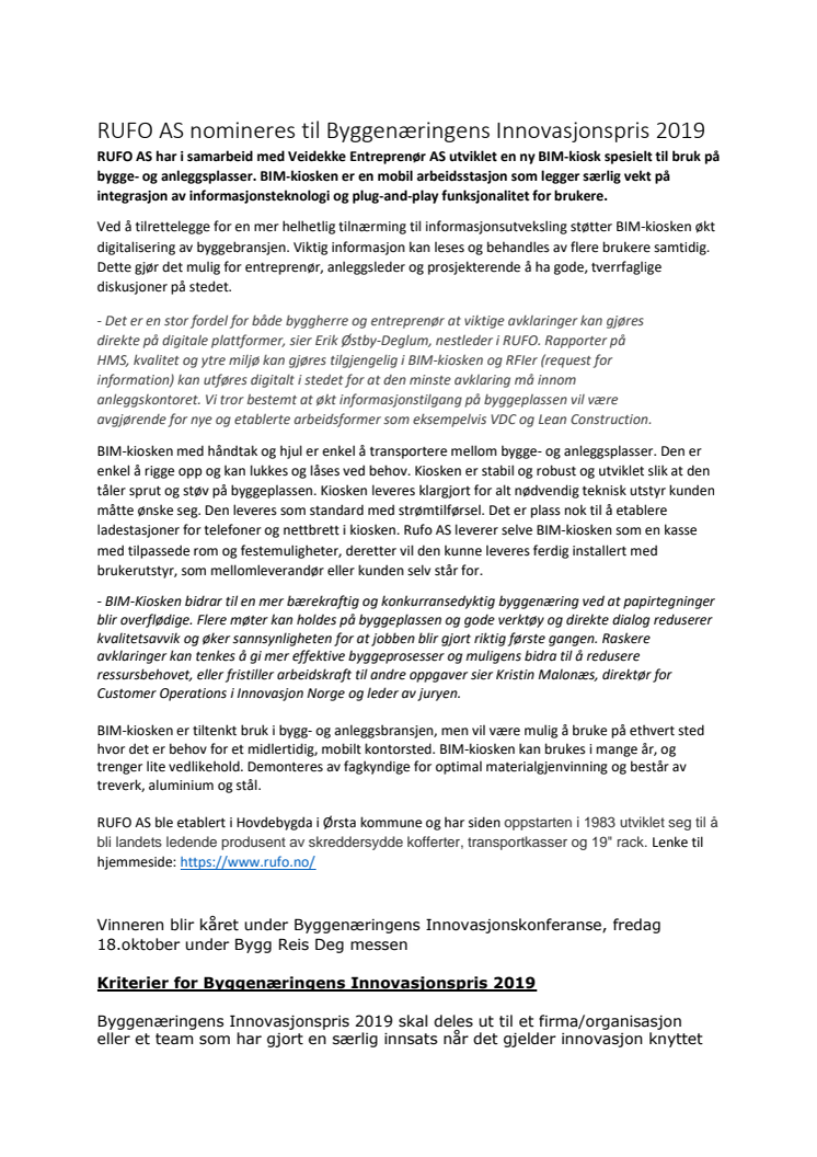 RUFO og Veidekke nomineres til Byggenæringens Innovasjonspris 2019