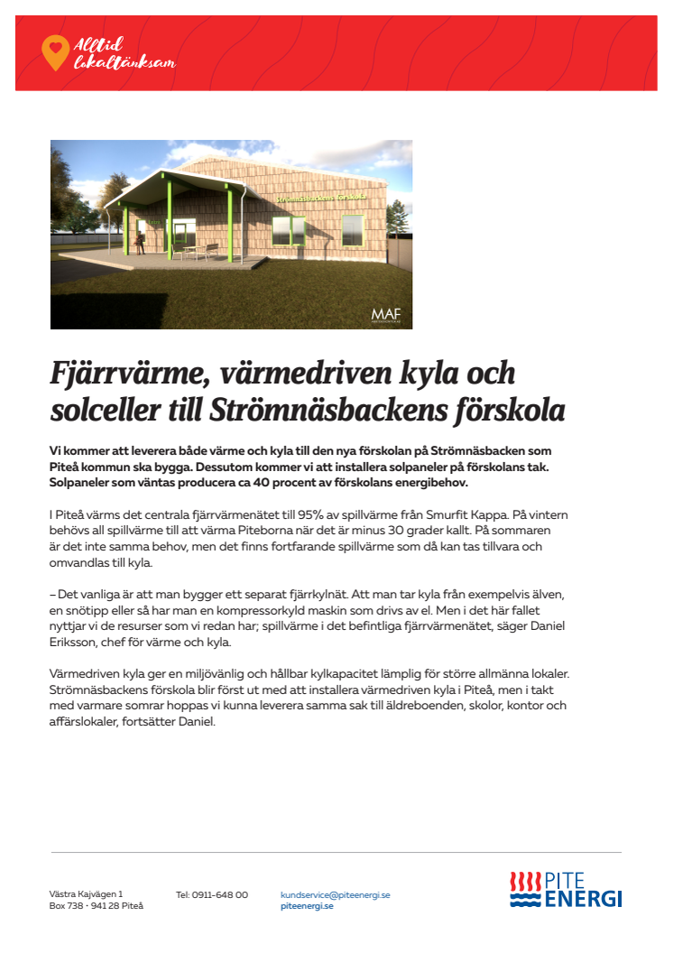 Fjärrvärme, värmedriven kyla och solceller till Strömnäsbackens förskola