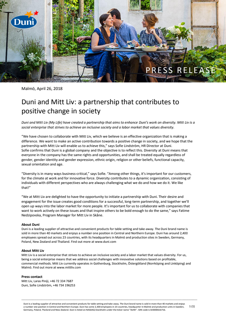 Duni and Mitt Liv: a partnership that contributes to positive change in society