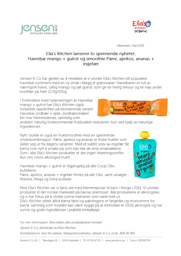 Ella's Kitchen lanserer to spennende nyheter; Havrebar mango + gulrot og smoothie Pære, aprikos, ananas + ingefær 