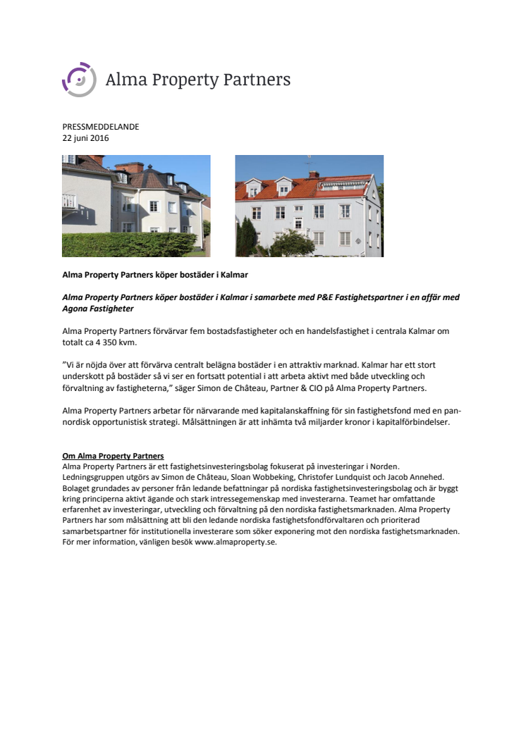 Alma Property Partners köper bostäder i Kalmar