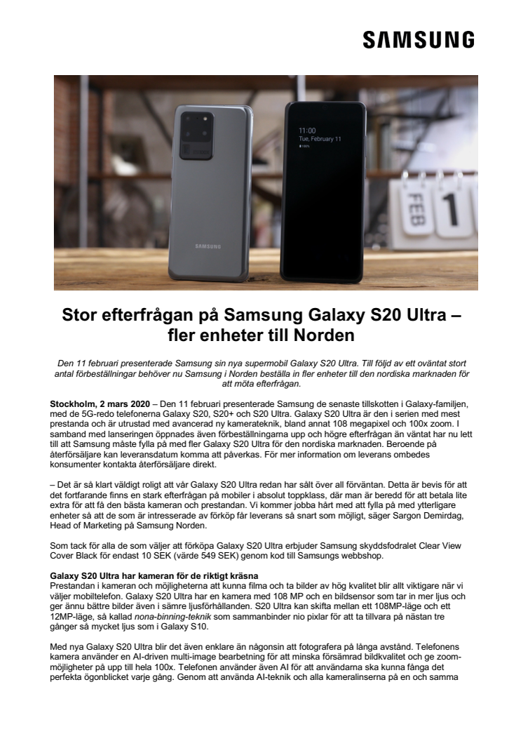 Stor efterfrågan på Samsung Galaxy S20 Ultra – fler enheter till Norden
