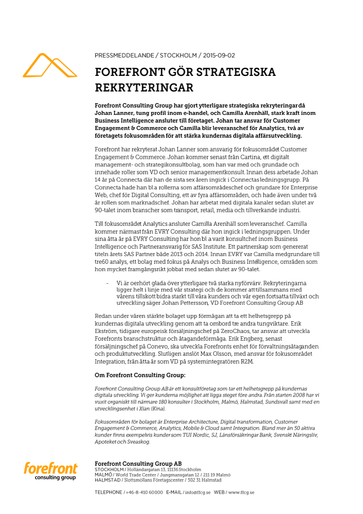 FOREFRONT GÖR STRATEGISKA REKRYTERINGAR
