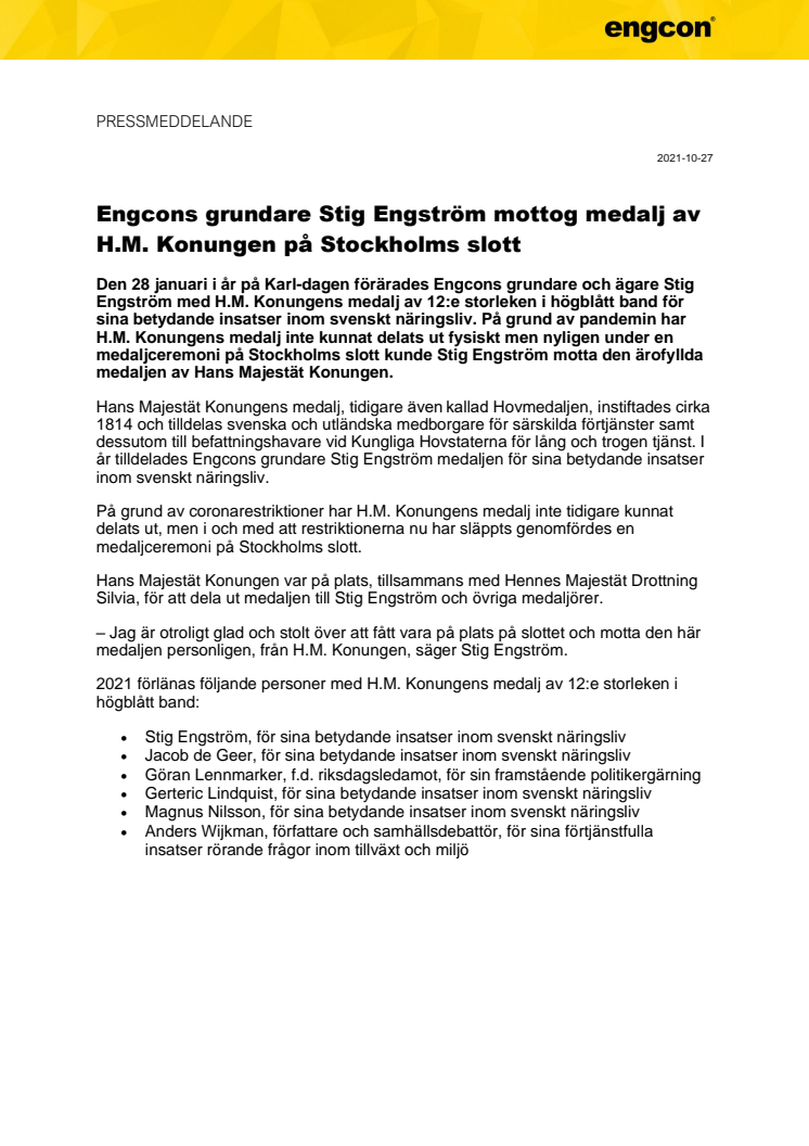 211027_Press_Engcons grundare Stig Engström mottog medalj av H.M. Konungen på Stockholms slott