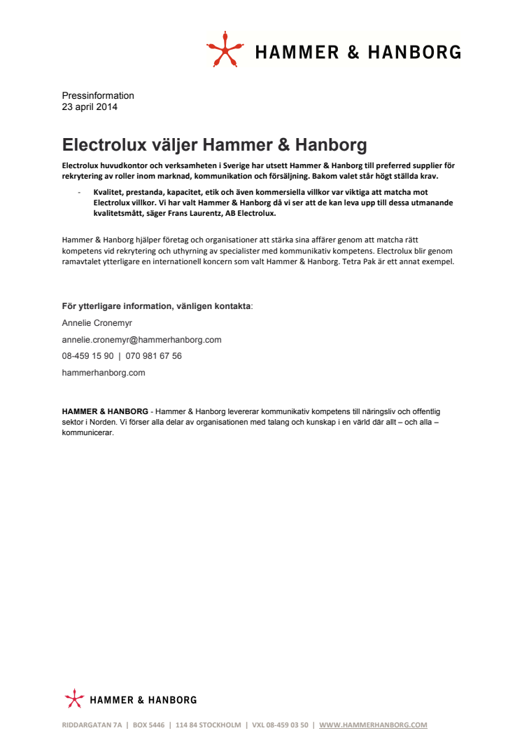 Electrolux väljer Hammer & Hanborg