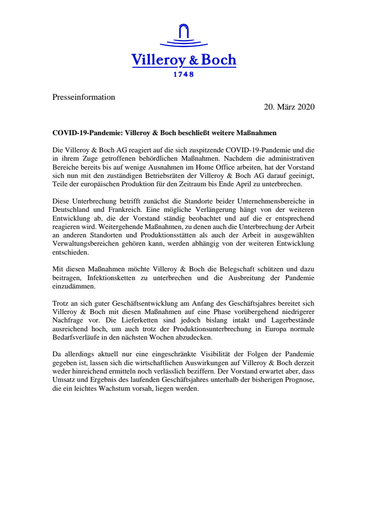 COVID-19-Pandemie: Villeroy & Boch beschließt weitere Maßnahmen