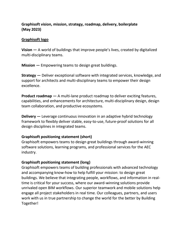 Graphisoft vision, mission, strategy, product roadmap, delivery, positioning statement, boilerplate, logo