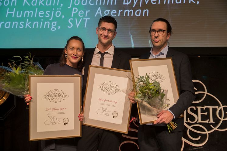 Vinnare  i kategorin Årets avslöjande: Linda Larsson Kakuli, Axel Gordh Humlesjö, Per Agerman. Ur bild: Joachim Dyfvermark