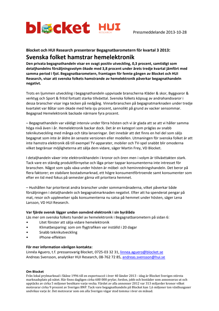  Begagnatbarometern Q3/2013: Svenska folket hamstrar hemelektronik