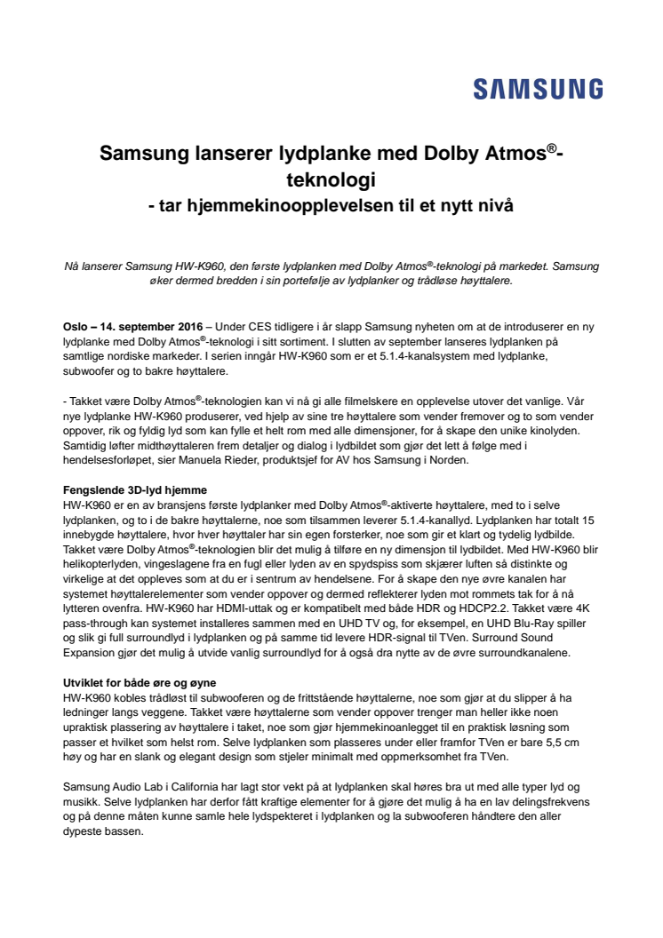 Samsung lanserer lydplanke med Dolby Atmos®-teknologi - tar hjemmekinoopplevelsen til et nytt nivå