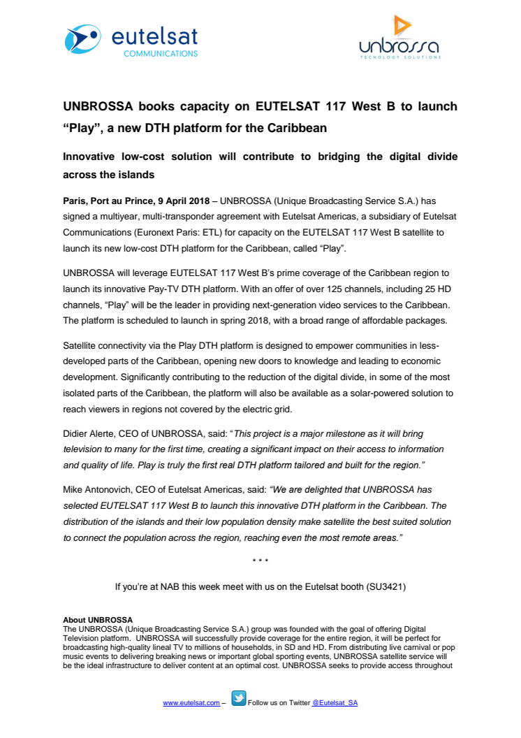 UNBROSSA books capacity on EUTELSAT 117 West B to launch “Play”, a new DTH platform for the Caribbean 