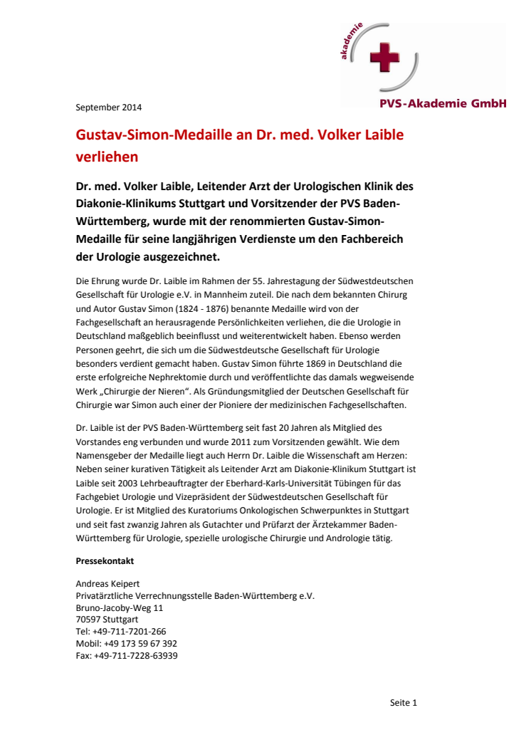 Gustav-Simon-Medaille an Dr. med. Volker Laible verliehen