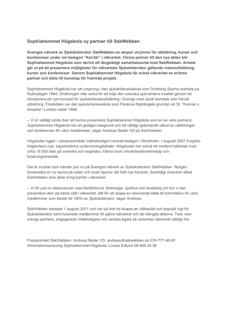 Sophiahemmet Högskola ny partner till SskWebben