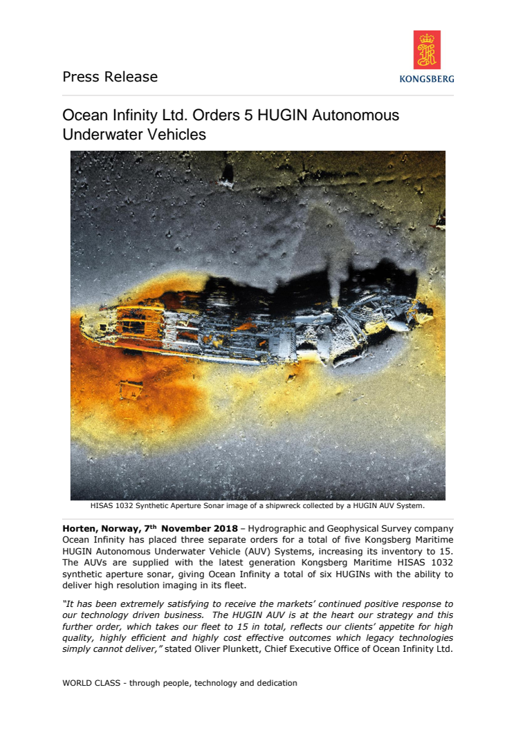 Kongsberg Maritime: Ocean Infinity Ltd. Orders Five HUGIN Autonomous Underwater Vehicles