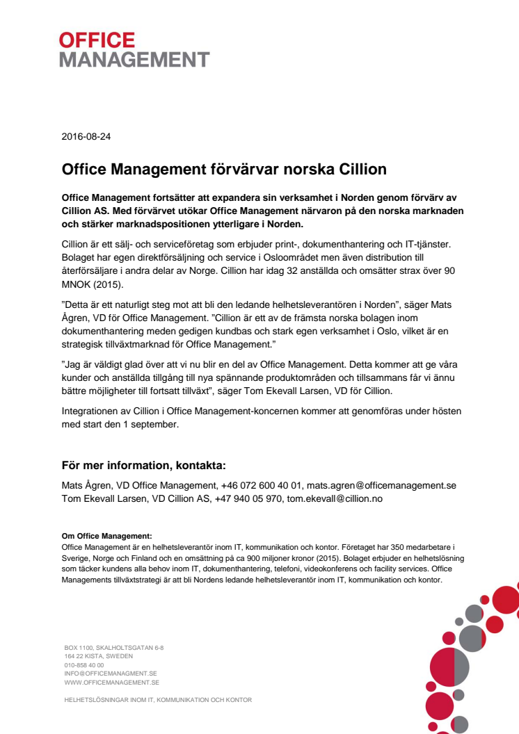 Office Management förvärvar norska Cillion