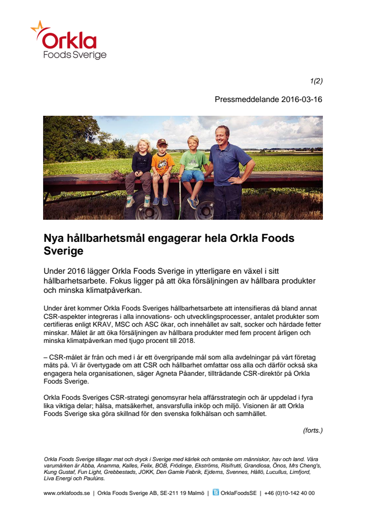 Nya hållbarhetsmål engagerar hela Orkla Foods Sverige