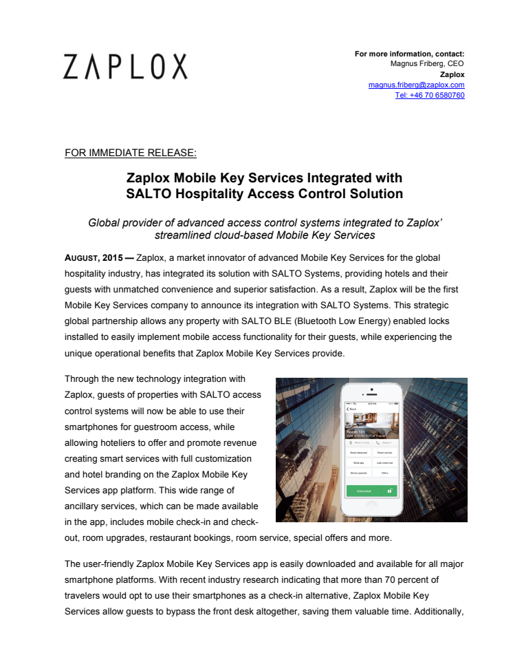 Zaplox Mobile Key Services Integrated with SALTO Hospitality Access Control Solution