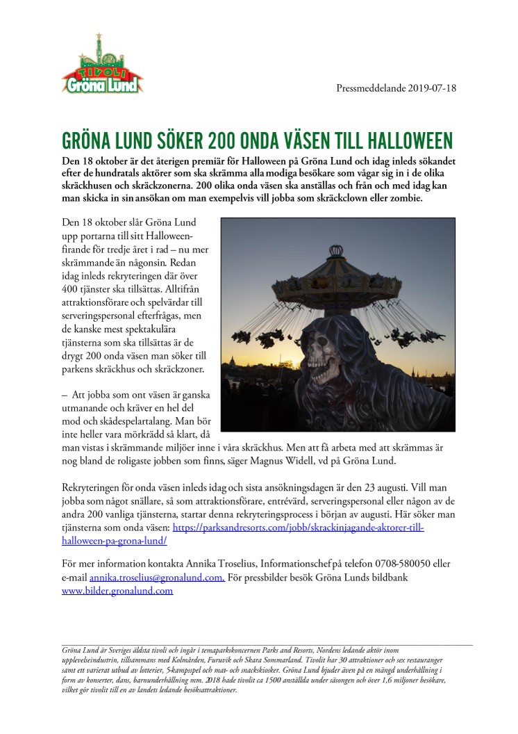 Gröna Lund söker 200 onda väsen till Halloween