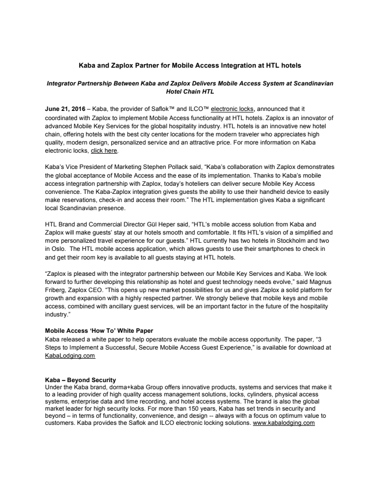  Kaba and Zaplox Partner for Mobile Access Integration at HTL hotels