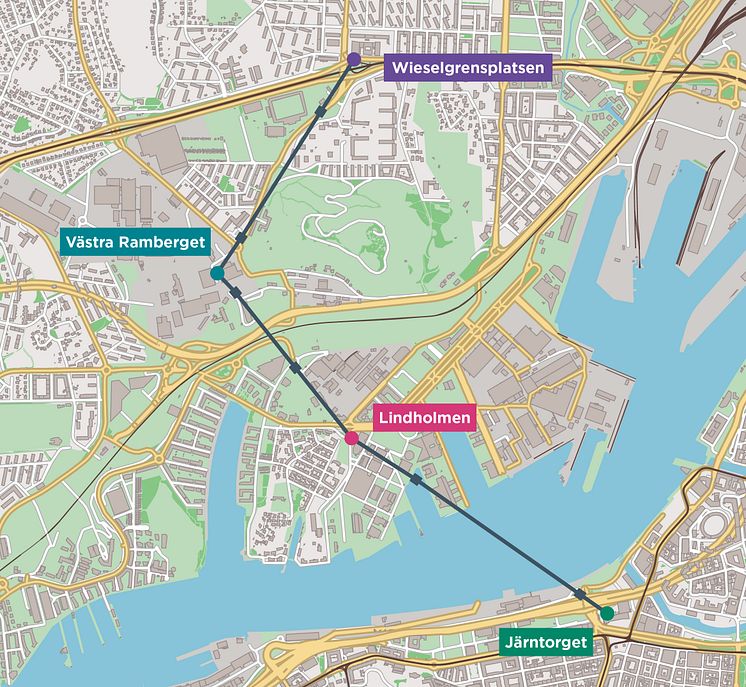 Karta över Göteborgs Stadslinbanas sträckning och stationer