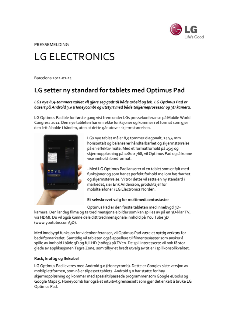 LG setter ny standard for tablets med Optimus Pad