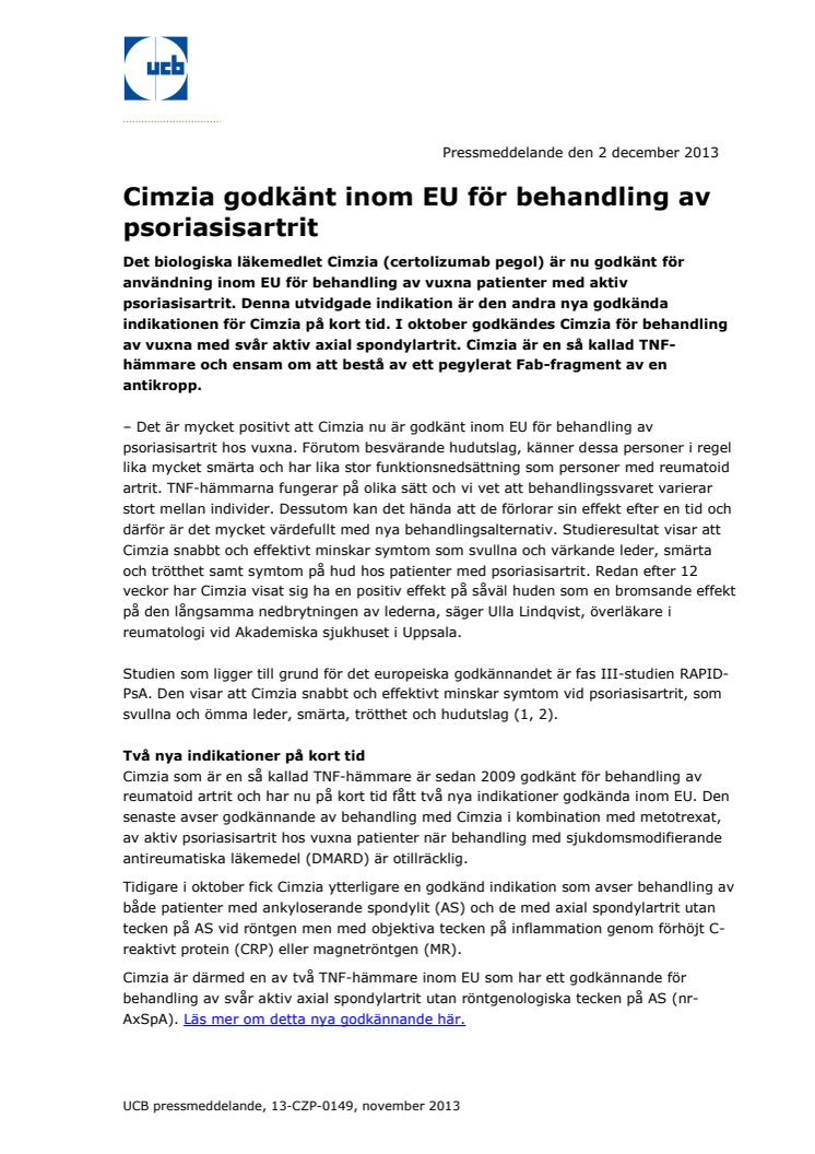 Cimzia godkänt inom EU för behandling av psoriasisartrit