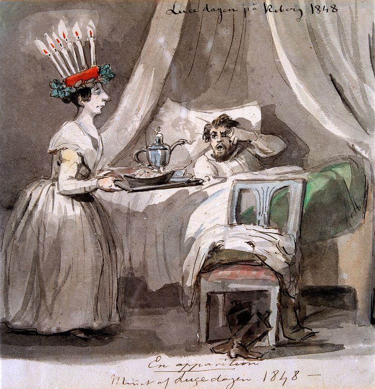 Lucedagen på Koberg 1848 är den äldsta kända bilden av en lucia. Tuschteckning av Fritz von Dardel. Foto Anne-Marie Eriksson, Nordiska museet