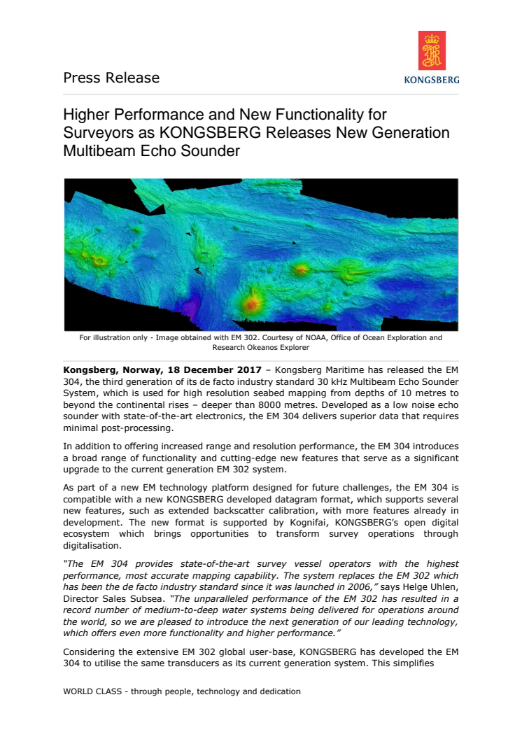 Kongsberg Maritime: Higher Performance and New Functionality for Surveyors as KONGSBERG Releases New Generation Multibeam Echo Sounder