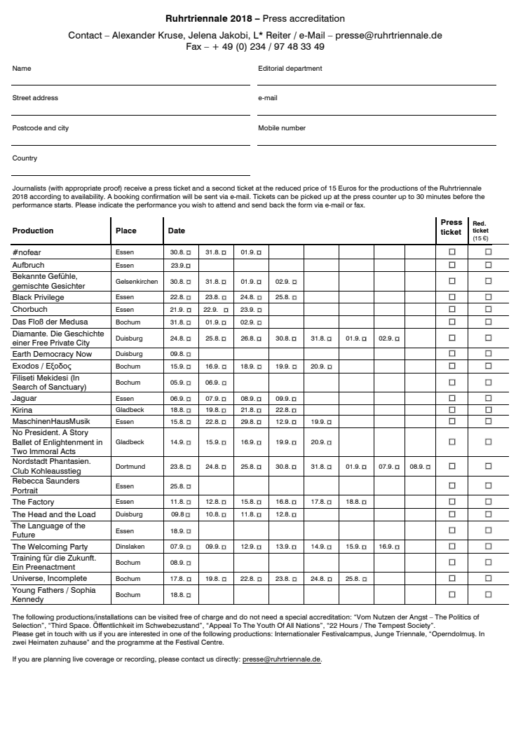 Press Accreditation Form Ruhrtriennale 2018