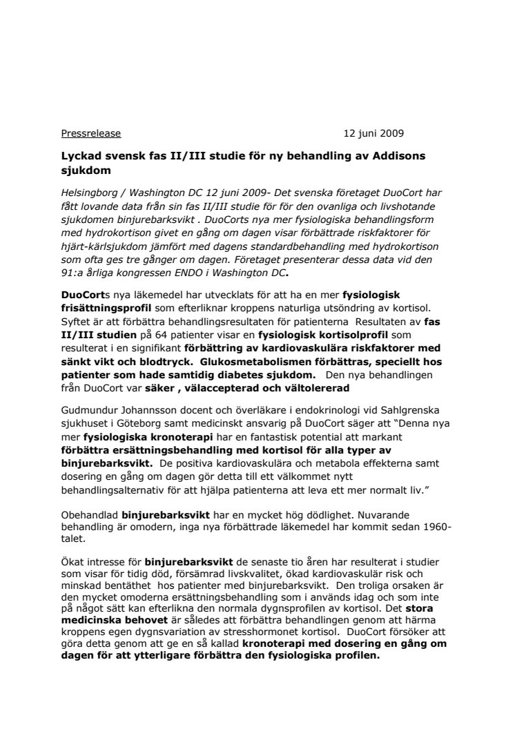 Lyckad svensk fas II/III studie för ny behandling av Addisons sjukdom