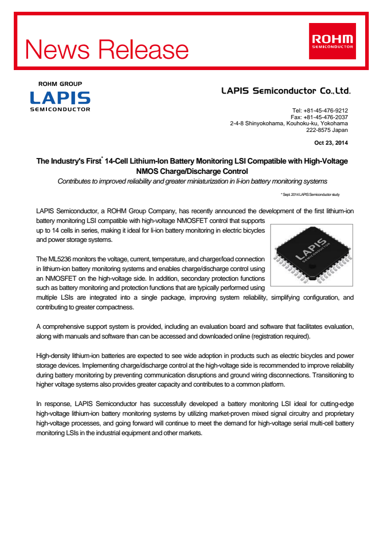  The Industry's First* 14-Cell Lithium-Ion Battery Monitoring LSI Compatible with High-Voltage NMOS Charge/Discharge Control  -Contributes to improved reliability and greater miniaturization in li-ion battery monitoring systems-