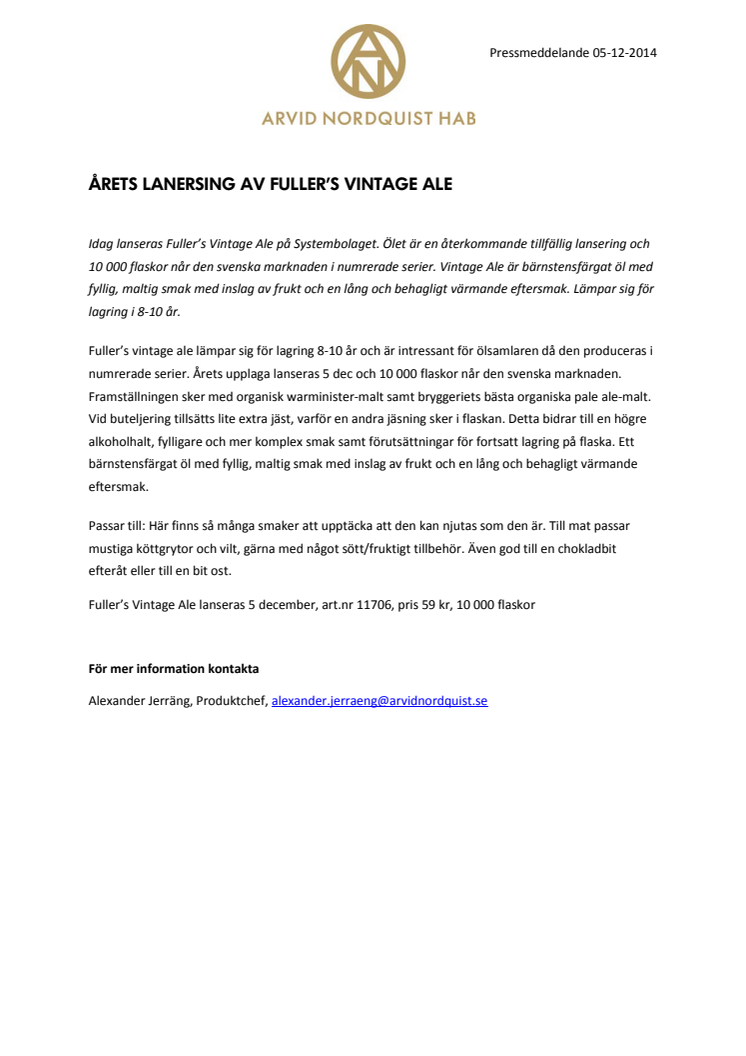Årets lansering av Fuller's Vintage Ale