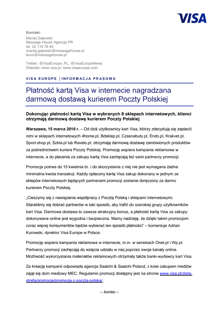 Płatność kartą Visa w internecie nagradzana darmową dostawą kurierem Poczty Polskiej