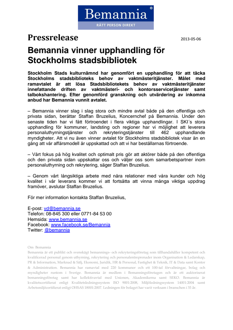  Bemannia vinner upphandling för Stockholms stadsbibliotek 