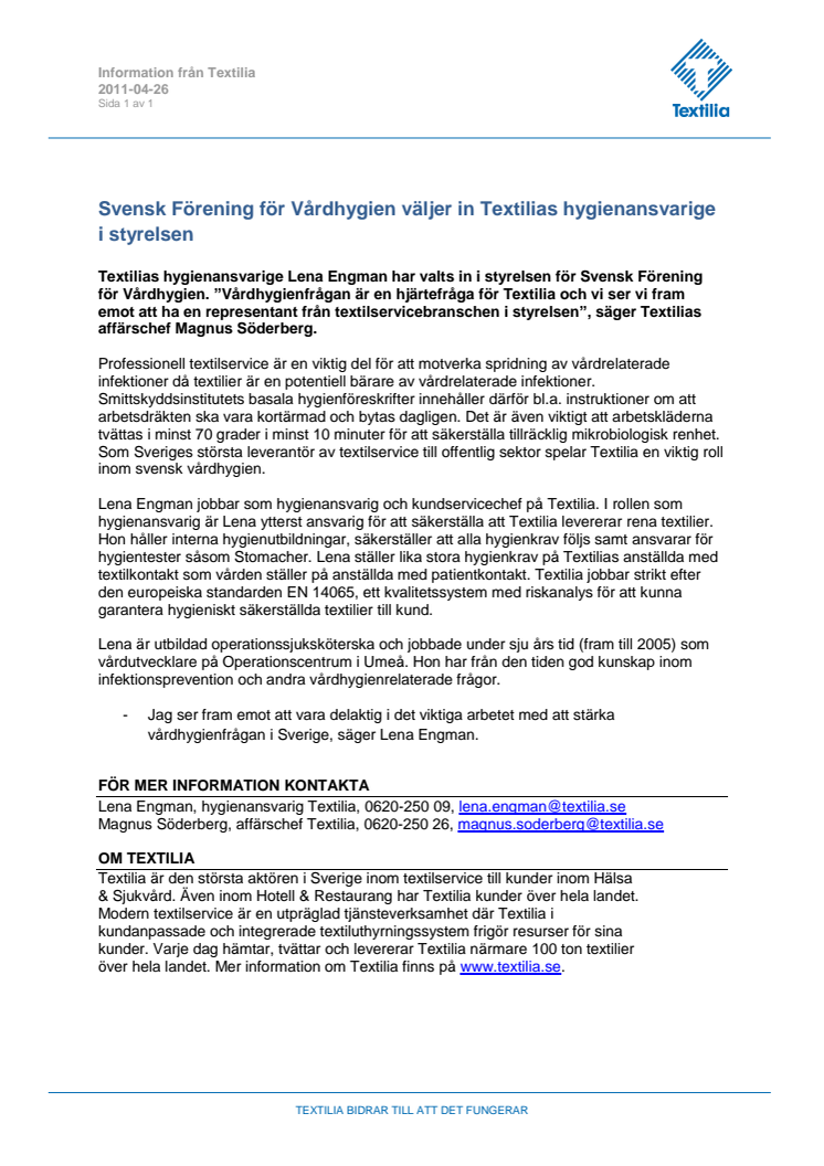 Svensk Förening för Vårdhygien väljer in Textilias hygienansvarige i styrelsen