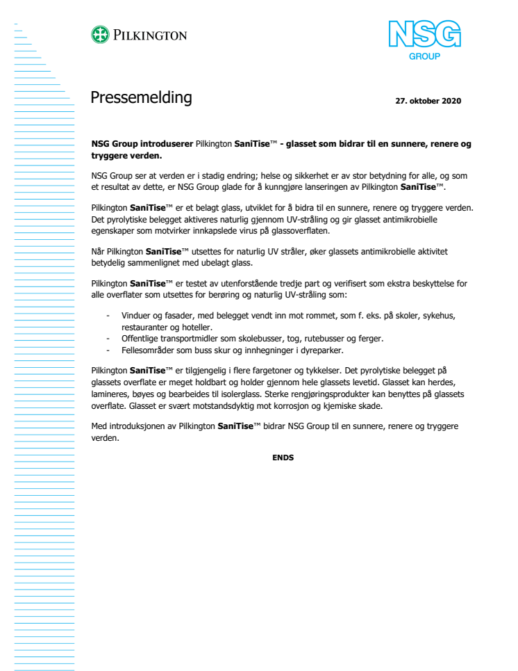 NSG Group introduserer Pilkington SaniTise™ - glasset som bidrar til en sunnere, renere og tryggere verden.