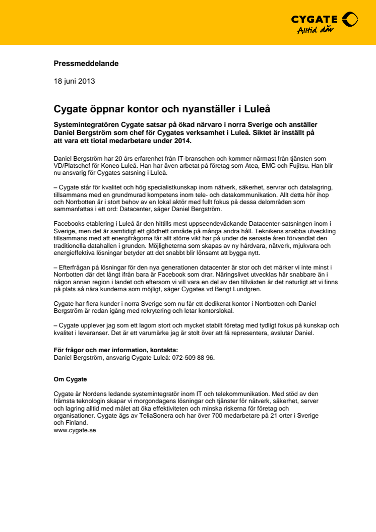 Cygate öppnar kontor och nyanställer i Luleå