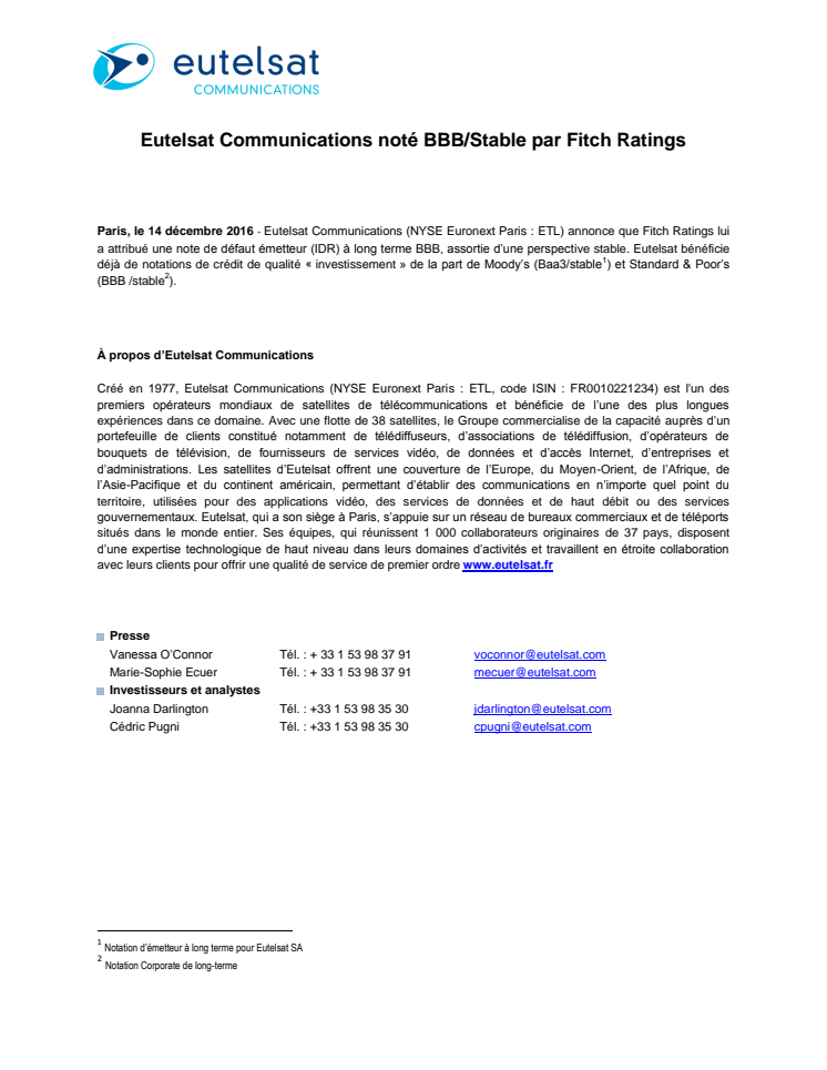 Eutelsat Communications noté BBB/Stable par Fitch Ratings