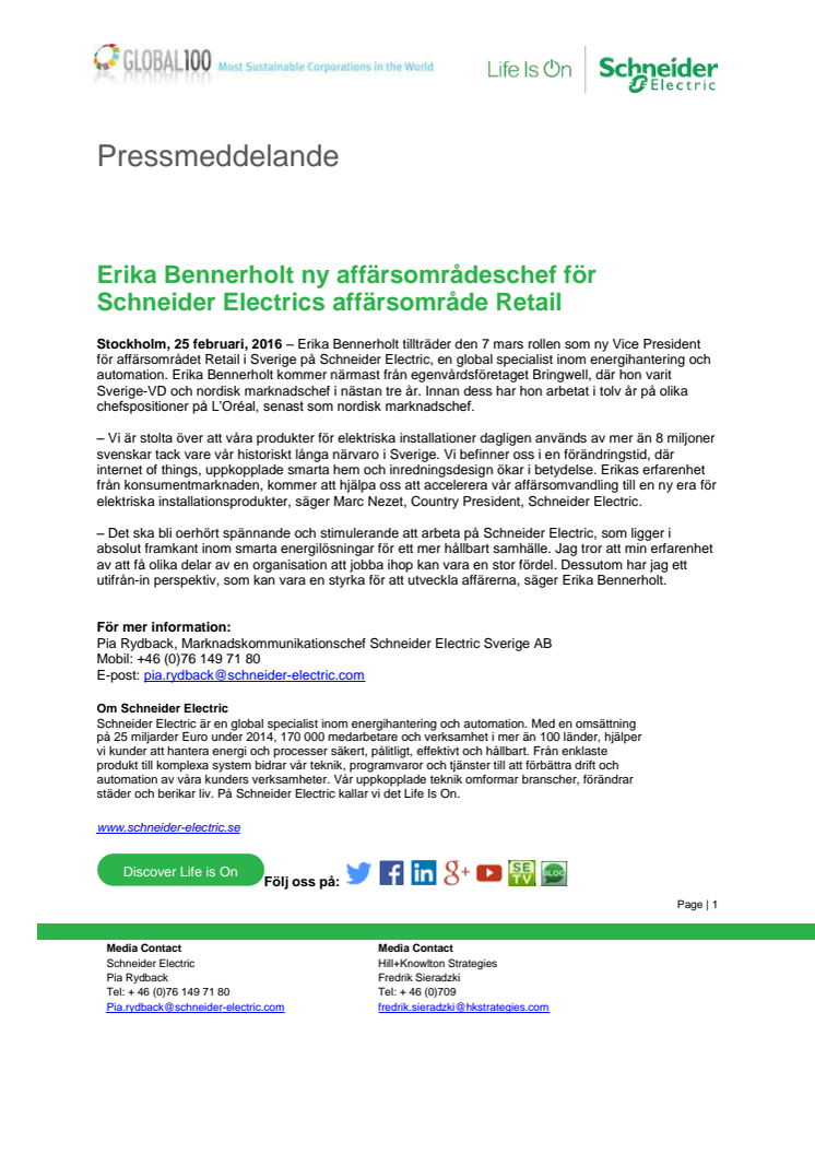 Erika Bennerholt ny affärsområdeschef för Schneider Electrics affärsområde Retail