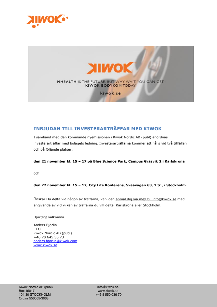 Kiwok inbjudan investerarträffar november 2017